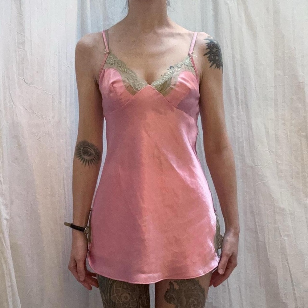 Pink Satin and Cream Lace Slip Dress Nighty Y2K Coquette
